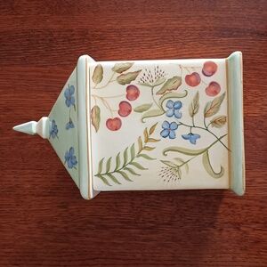 Vtg Capriware Ceramic Hand Painted Cherries Flowers Steeple Cookie Jar Container